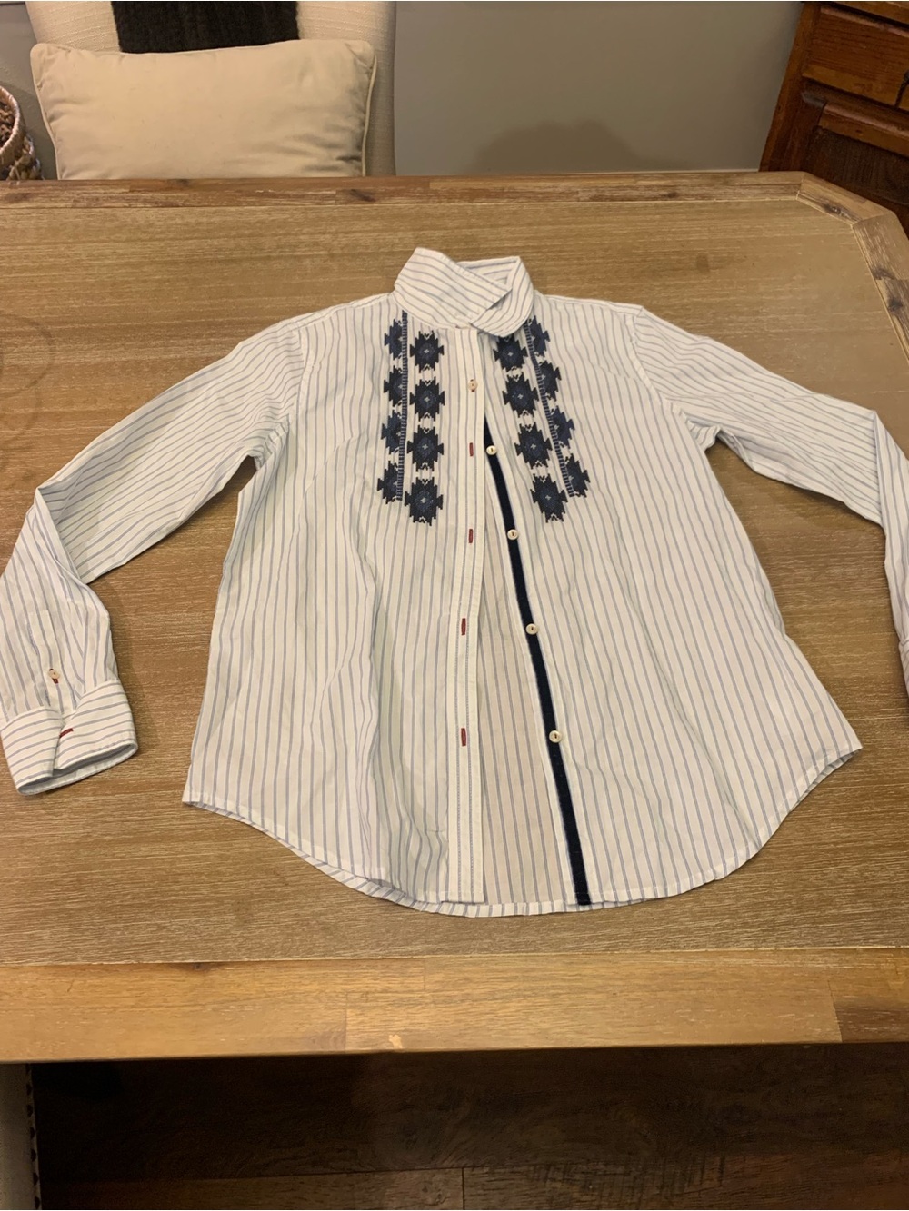 Chaps White Button-Down Shirt with Blue Pinstripes and Navy Embroidery